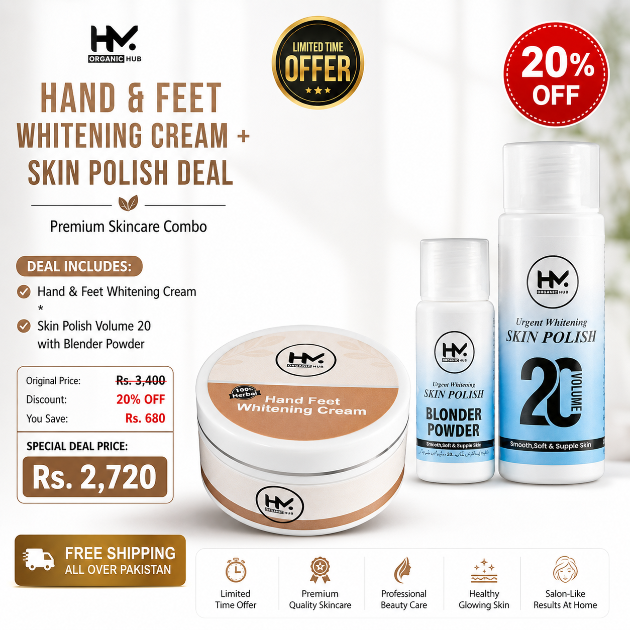 Hand & Feet Whitening Cream + Herbal Skin Polish Combo | Complete Skin Brightening & Glow Care Set