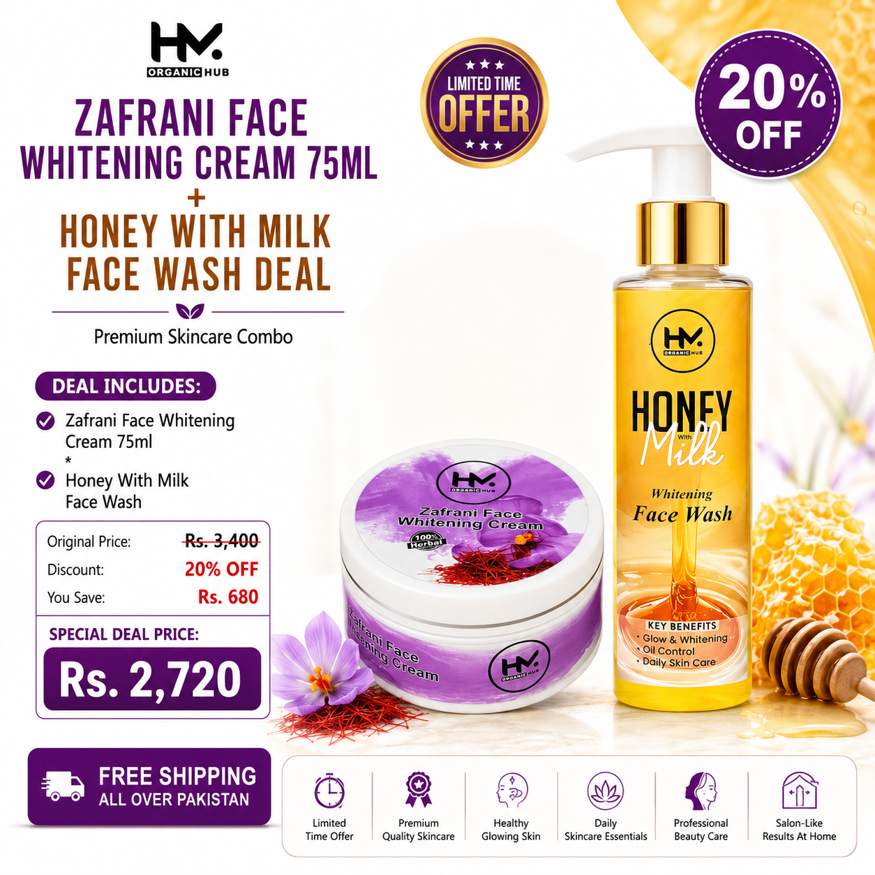 Zafrani Face Whitening Cream 75ml + Honey With Milk Face Wash | Skin Brightening & Glow Care Combo